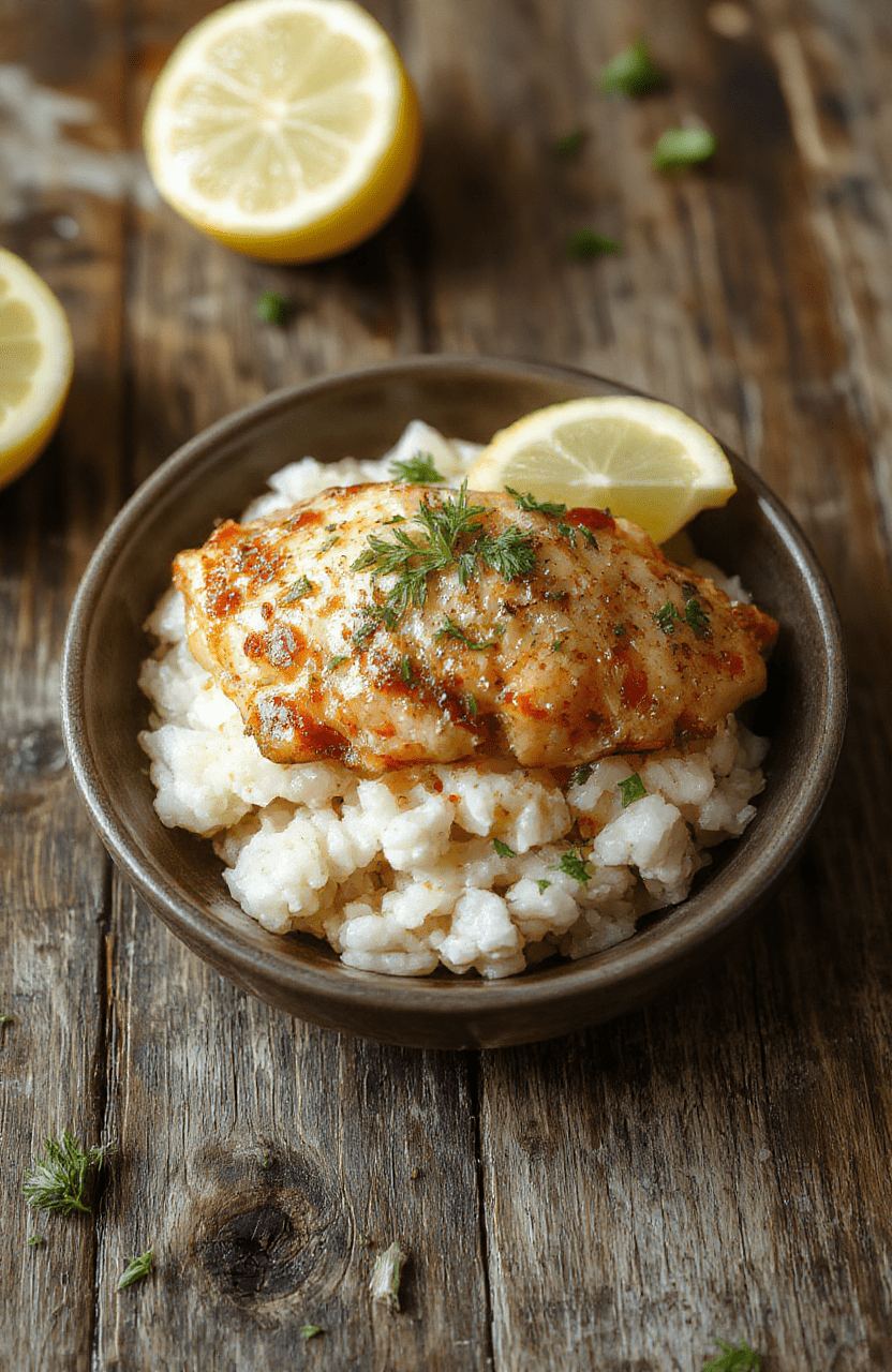 A vibrant plate of shredded lemon herb chicken served atop fluffy rice in a white ceramic dish, garnished with fresh herbs and lemon slices, styled on a rustic wooden table with natural daylight, showcasing textures and bright colors.