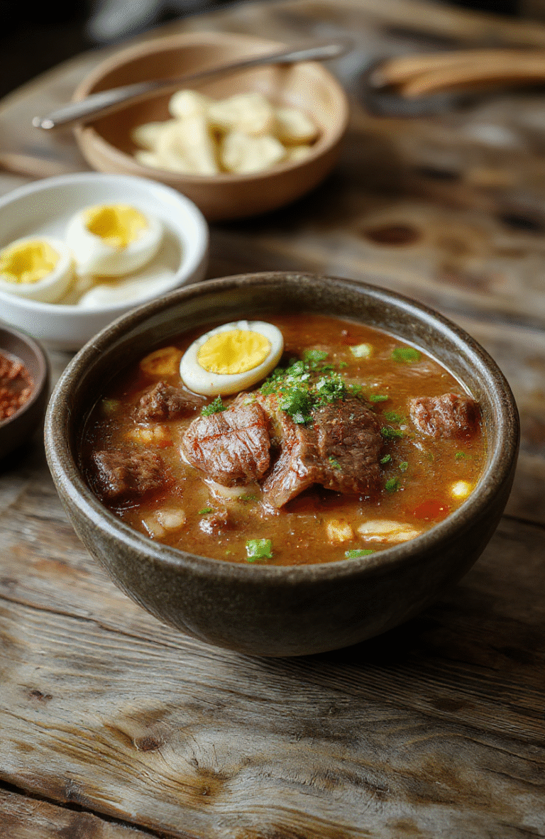 A vibrant bowl of beef ramen with tender sliced beef, soft-boiled eggs, green scallions, and flavorful broth, beautifully arranged on a rustic wooden table with chopsticks and a side of steamed vegetables, capturing the warm and comforting atmosphere.
