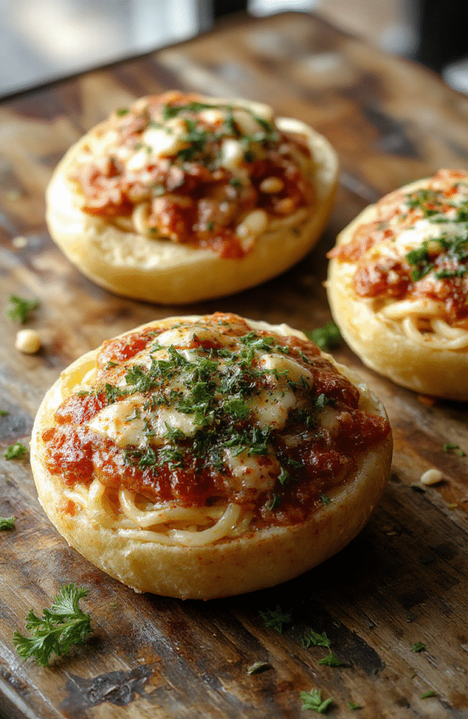 Colorful garlic bread bowls filled with spaghetti, topped with melted cheese and herbs, presented on a rustic wooden table with fresh ingredients surrounding, showcasing a crispy exterior and gooey interior, styled beautifully with vibrant sauce drizzles and sprigs of parsley.