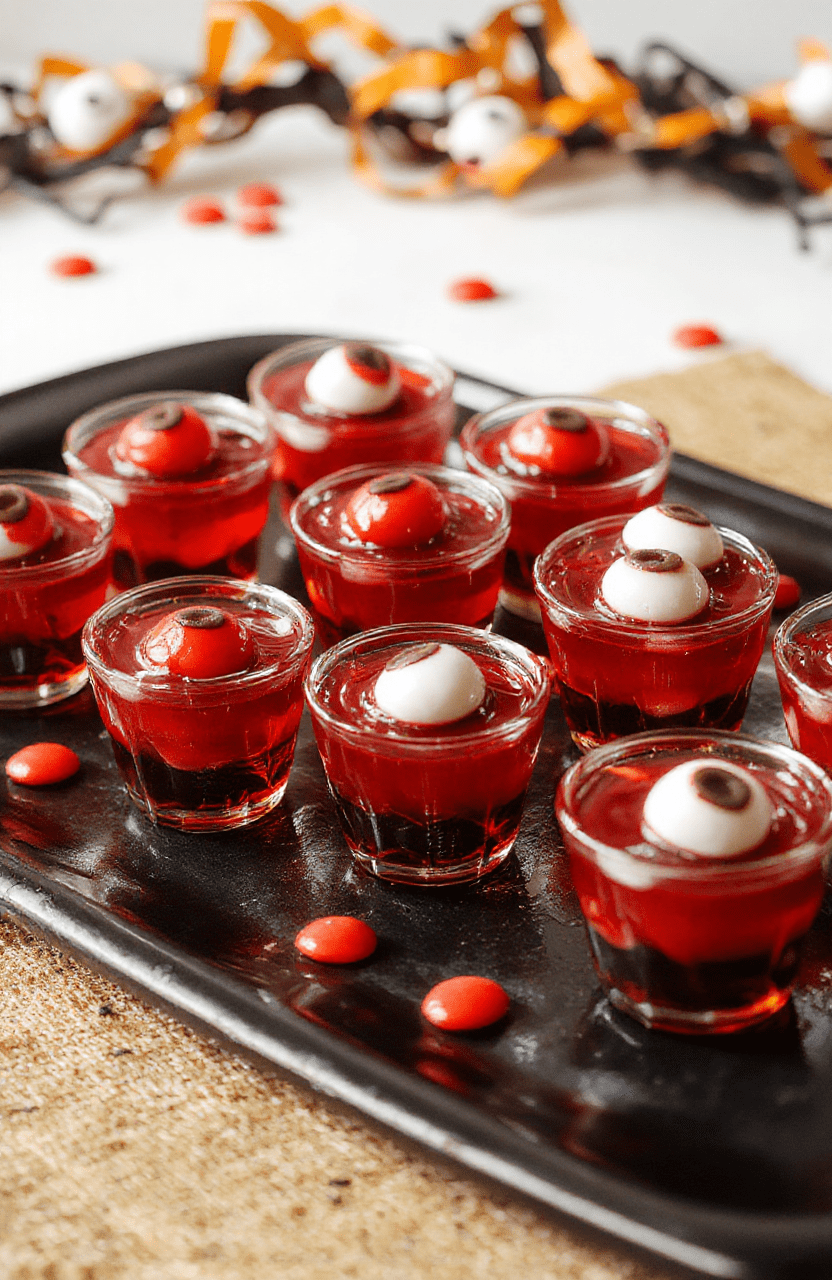 Colorful spooky Halloween eyeball gelatin shots arranged on a dark platter, detailed with red and white candy eyeballs, glossy surface, festive and creepy food styling, vibrant colors, with a blurred background of Halloween decorations.