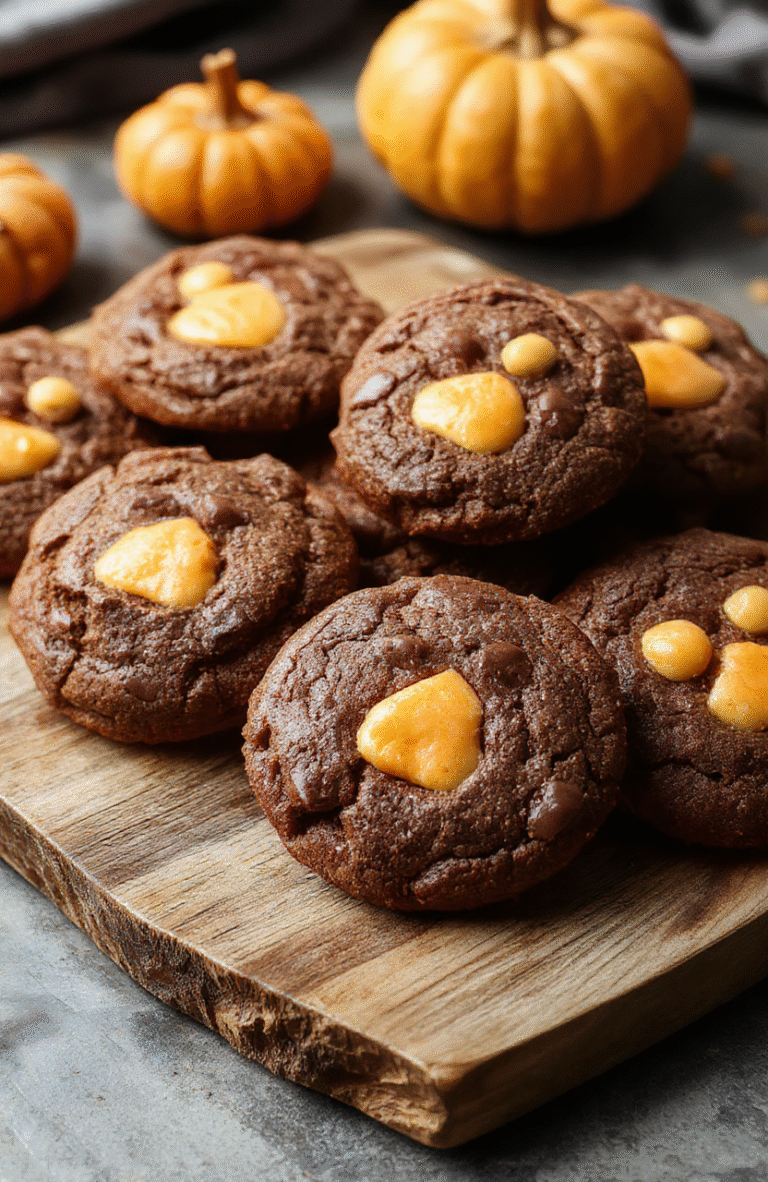 Colorful spooktacular cookies shaped like jack-o'-lanterns with melted milk chocolate filling, vibrant orange and green icing, decorated with spooky faces, displayed on a rustic wooden platter, textured cookies with glossy chocolate center, festive Halloween-themed styling.