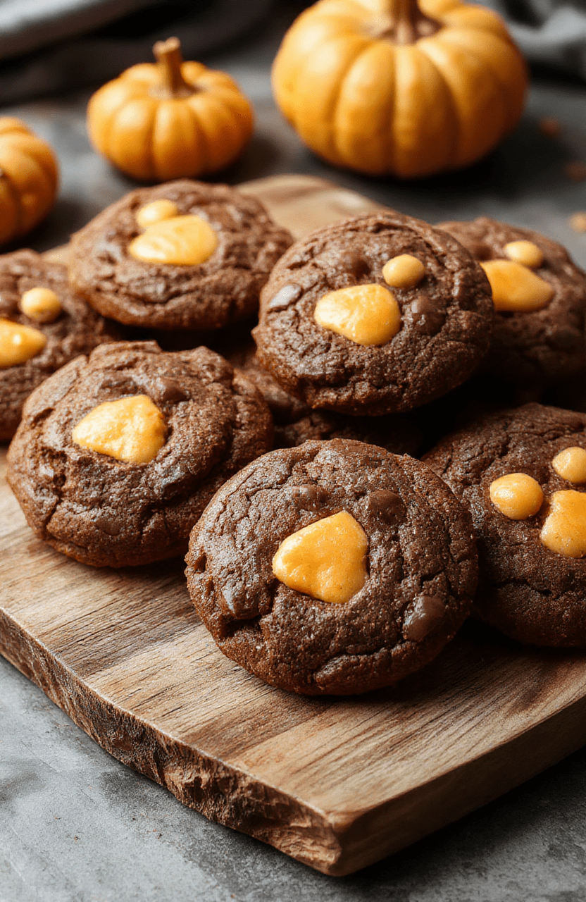 Colorful spooktacular cookies shaped like jack-o'-lanterns with melted milk chocolate filling, vibrant orange and green icing, decorated with spooky faces, displayed on a rustic wooden platter, textured cookies with glossy chocolate center, festive Halloween-themed styling.