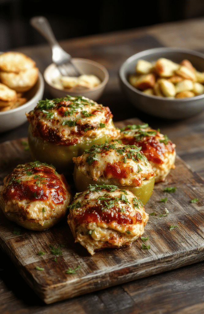 Colorful stuffed peppers filled with shredded chicken and rice, topped with melted cheese and garnished with fresh herbs, arranged on a rustic wooden platter with a dark background.