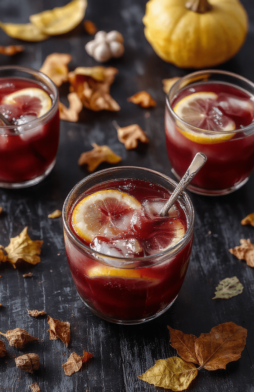 Vibrant purple Halloween Hocus Pocus punch served in a glass pitcher with spooky ice cubes shaped like bats and ghosts, garnished with orange slices and dry ice for a smoky effect, on a dark wooden table with falling autumn leaves in the background