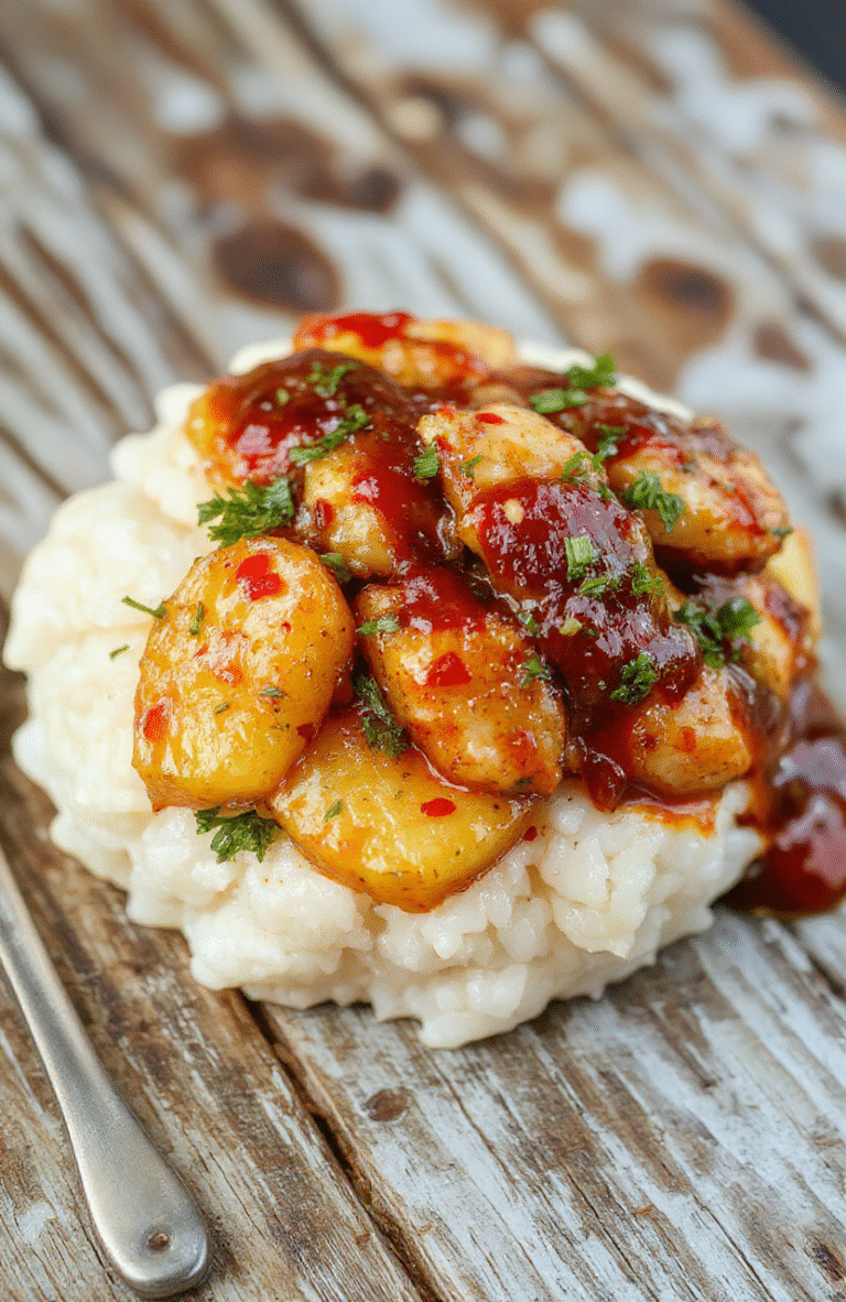A vibrant plate featuring golden-brown pineapple pineapple chicken atop fluffy white rice, garnished with green herbs and fresh pineapple chunks, arranged elegantly on a rustic wooden table with a drizzle of sauce and colorful vegetables around.