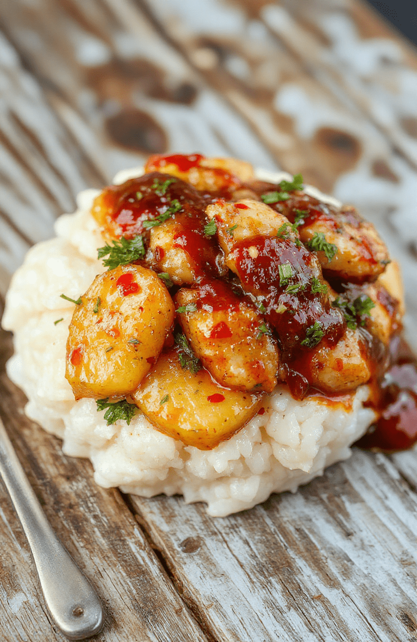 A vibrant plate featuring golden-brown pineapple pineapple chicken atop fluffy white rice, garnished with green herbs and fresh pineapple chunks, arranged elegantly on a rustic wooden table with a drizzle of sauce and colorful vegetables around.