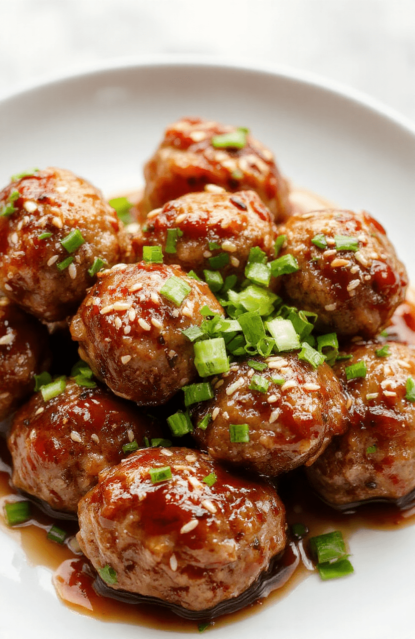 Colorful Asian turkey meatballs glazed with a sticky, spicy-sweet sauce, garnished with chopped scallions and sesame seeds, served on a white plate, textured meatballs with a glossy coating, vibrant red and green accents from the sauce and herbs, styled simply for a casual dining look.