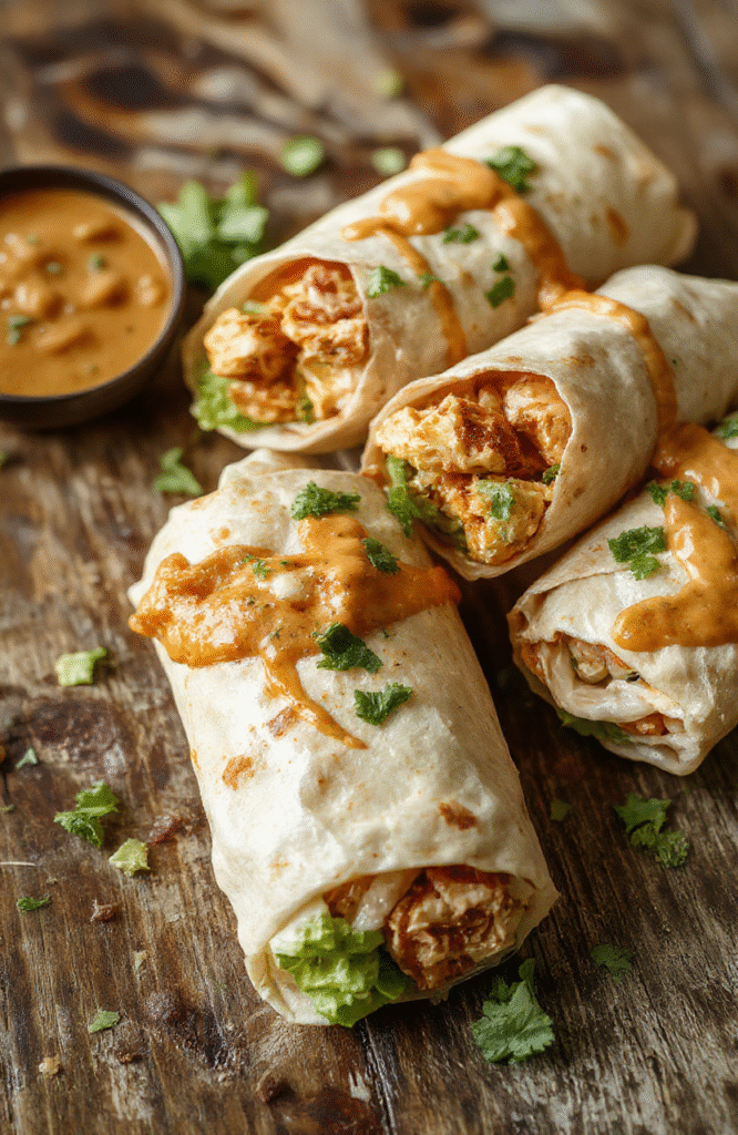 Colorful Thai peanut chicken wraps arranged neatly on a white plate, showcasing tender grilled chicken, crunchy vegetables, and creamy peanut sauce, garnished with fresh herbs and chopped peanuts, styled simply for a casual dining scene.