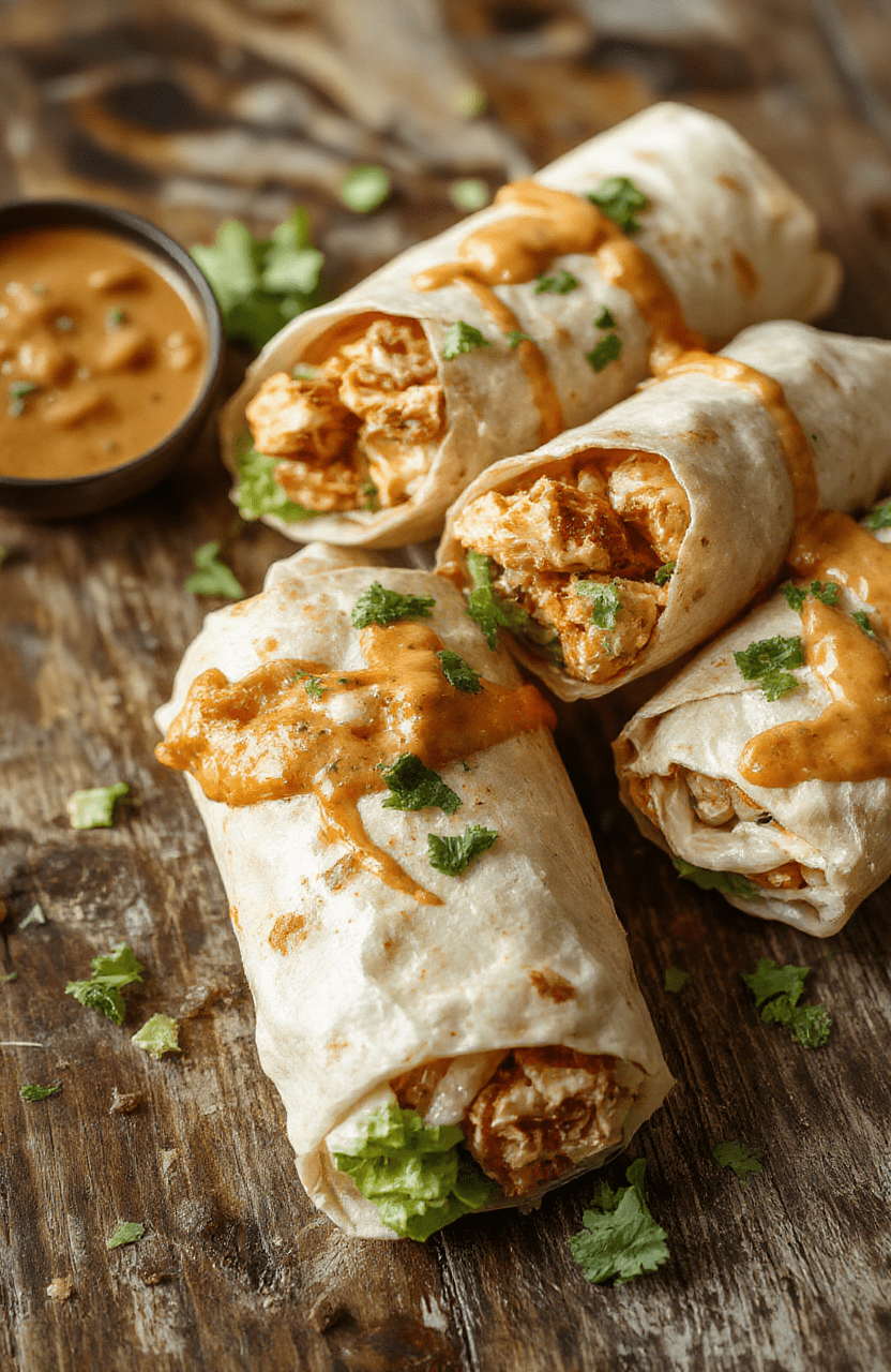 Colorful Thai peanut chicken wraps arranged neatly on a white plate, showcasing tender grilled chicken, crunchy vegetables, and creamy peanut sauce, garnished with fresh herbs and chopped peanuts, styled simply for a casual dining scene.