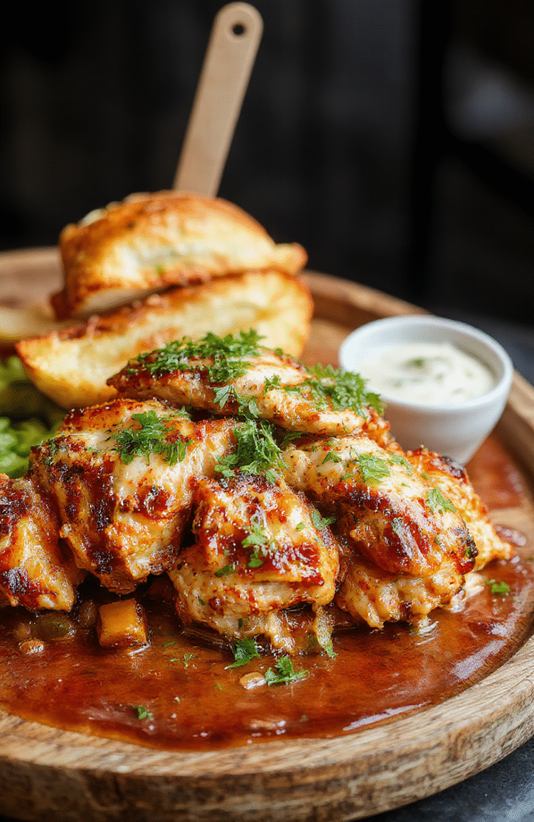 A close-up of a golden-brown grilled chicken breast topped with crispy bacon, melty cheese, and freshly chopped parsley on a rustic wooden plate, with a rich honey mustard glaze drizzled over, vibrant colors, inviting and appetizing.