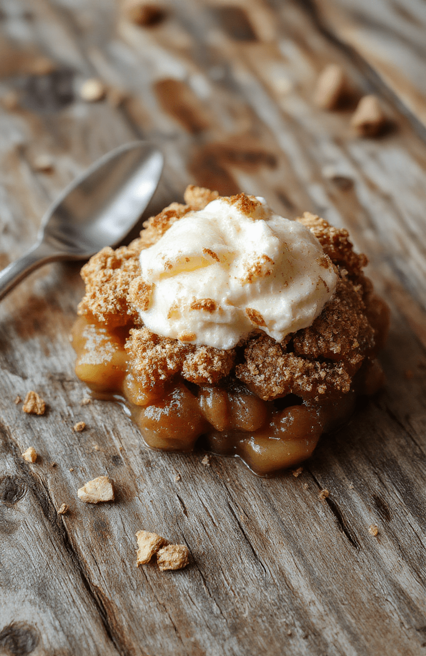 A golden-brown apple crisp topped with a crispy oat and cinnamon topping, served in a rustic white bowl with caramel drizzles and cinnamon sticks, surrounded by fresh sliced apples and autumn leaves, styled in warm natural lighting, emphasizing textures and inviting colors.