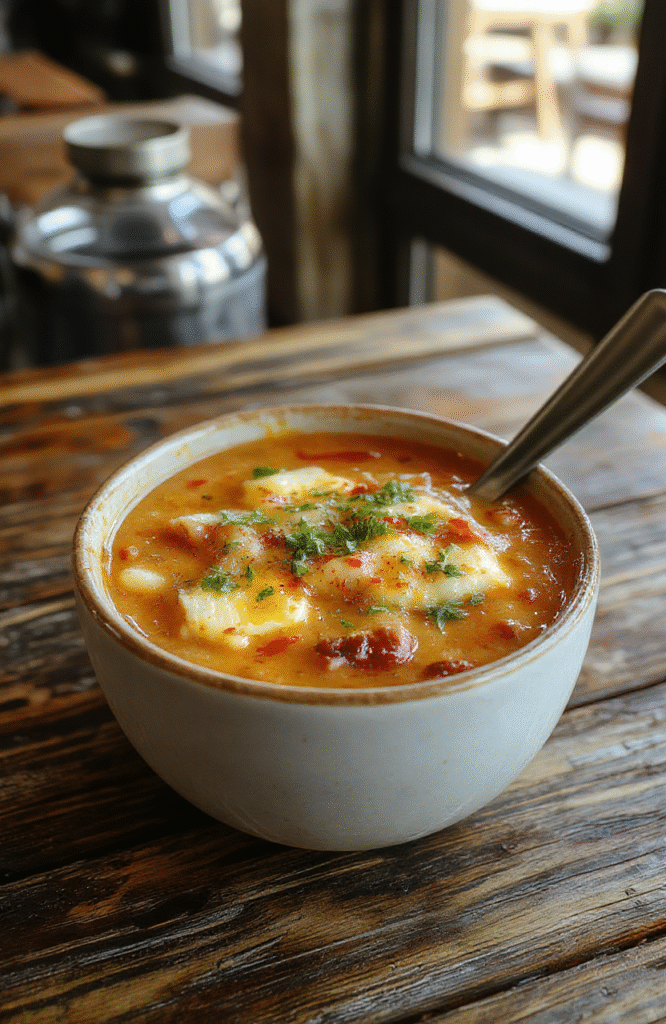 A vibrant bowl of cheeseburger soup garnished with chopped green onions and shredded cheese, served on a rustic wooden table with a spoon, showcasing creamy texture, melty cheese, and colorful toppings.