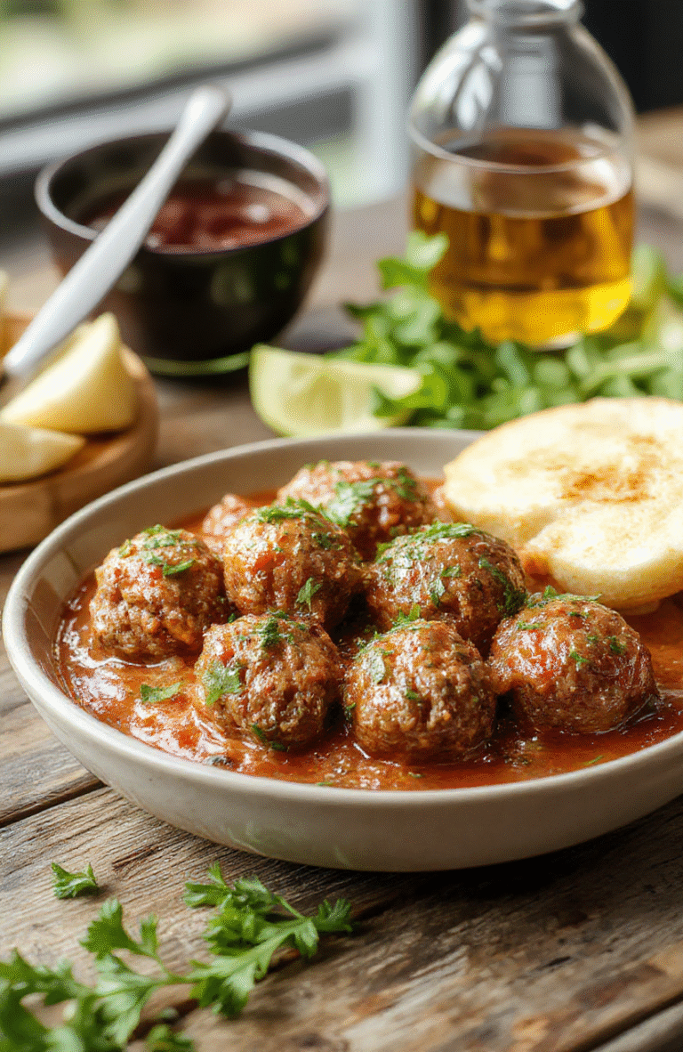 A close-up of a plate of golden-brown Italian meatballs topped with fresh basil, served on a rustic wooden platter with melted cheese and a side of spaghetti, vibrant colors, textures of tender meat, glossy sauce, garnished with herbs, styled casually.