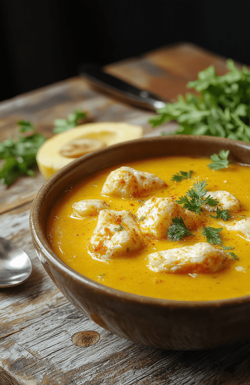 A vibrant bowl of golden turmeric chicken soup topped with fresh herbs, colorful vegetables, and tender shredded chicken, styled on a rustic wooden surface with a cozy background.