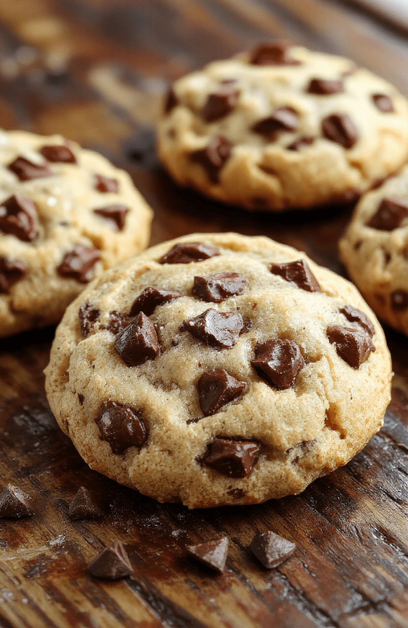 A close-up of a stack of golden-brown chewy chocolate chip cookies on a rustic wooden surface, chocolate chips slightly melted and visible, cookies with a slightly cracked surface, suggesting their soft and chewy interior, styled with a few scattered chocolate chips for a tempting display.