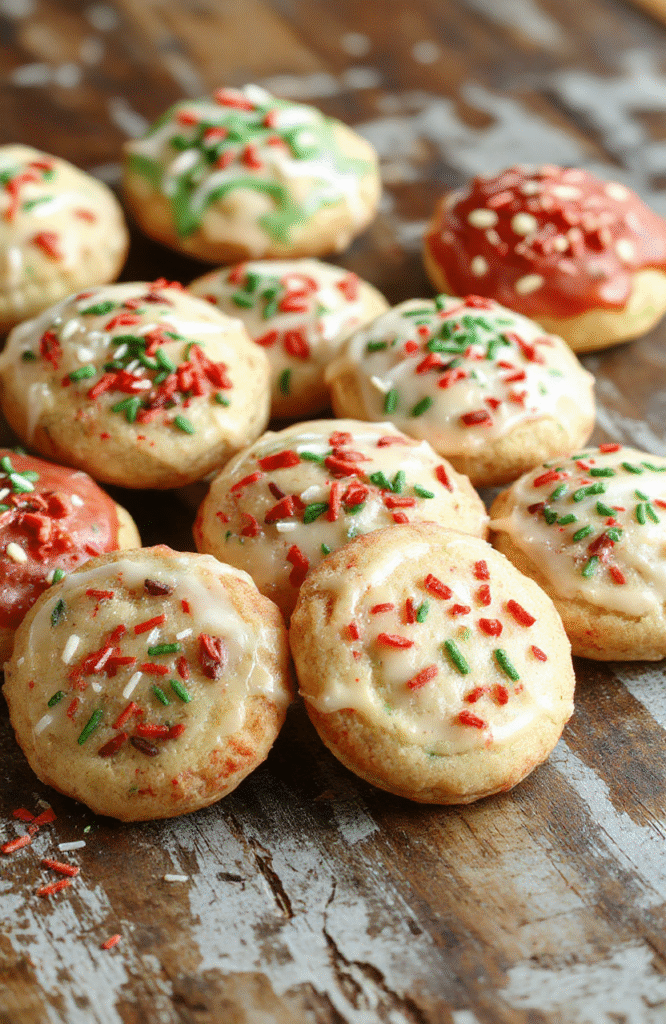 A colorful assortment of holiday cookies arranged on a festive plate, featuring gingerbread, sugar cookies, and decorated treats with sprinkles and icing, set on a rustic wooden table with a cozy holiday background
