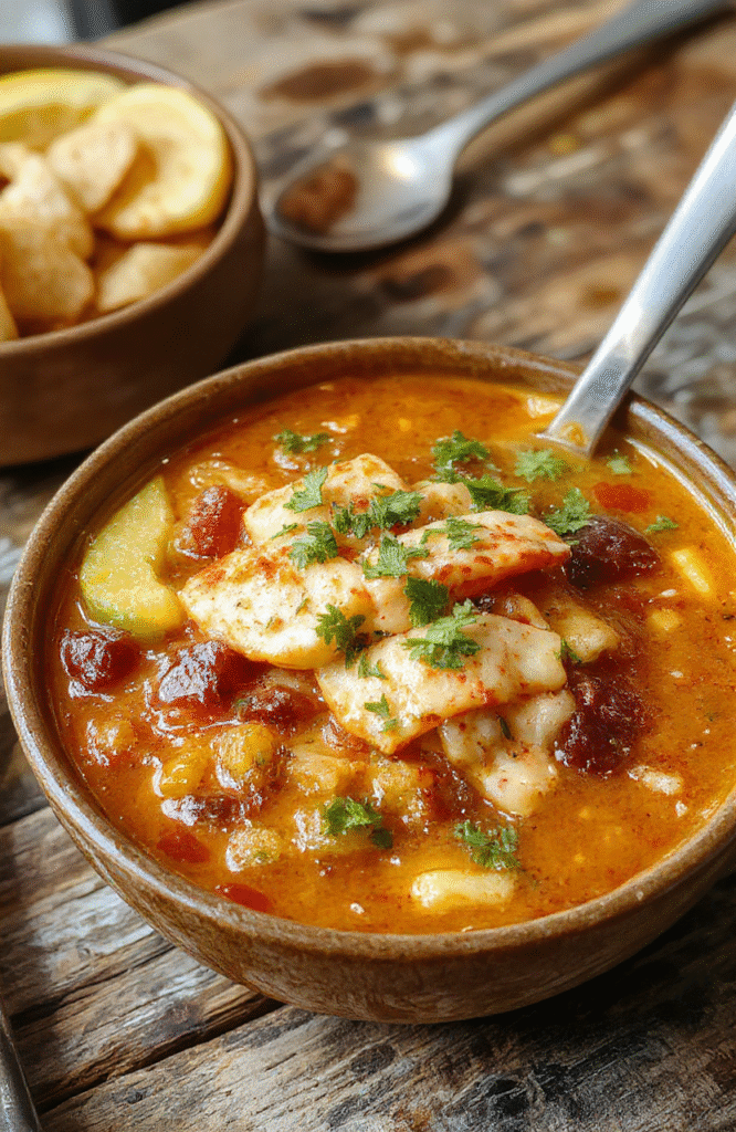 A vibrant bowl of taco soup featuring ground beef, kidney beans, corn, and tomatoes, topped with shredded cheese, fresh cilantro, and a dollop of sour cream, styled on a rustic wooden table with colorful ingredients.