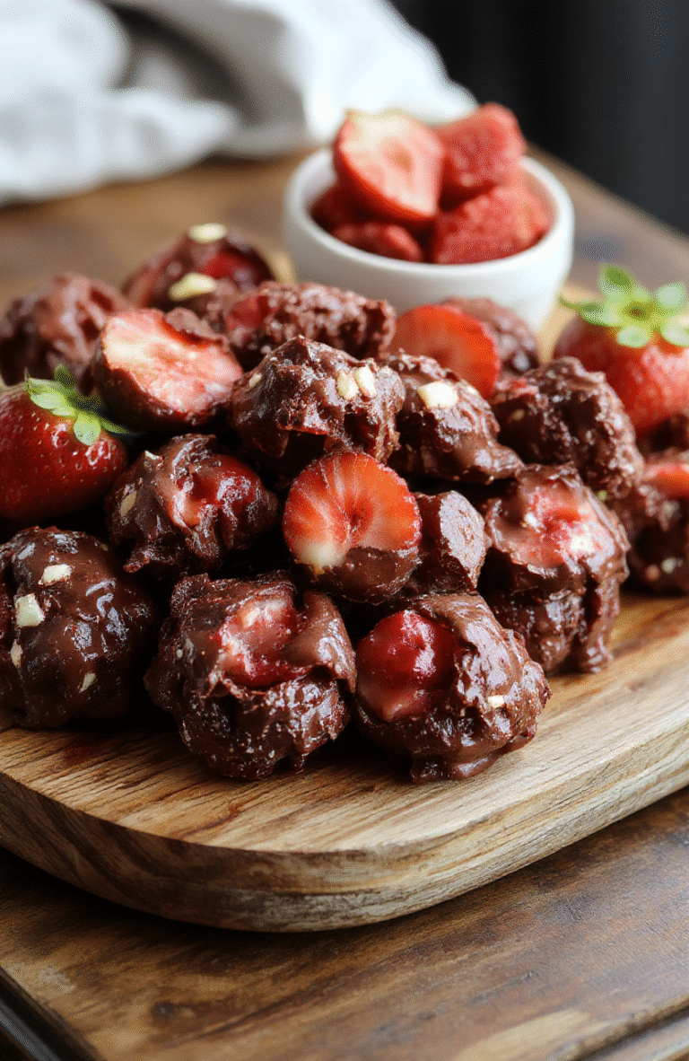 A vibrant close-up of chocolate strawberry yogurt clusters displayed on a rustic wooden tray, with fresh strawberries and drizzled chocolate around them, showcasing their glossy, crunchy exterior and creamy interior, styled with a casual, inviting look.