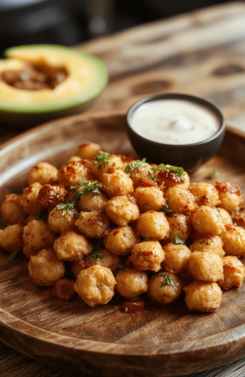 A vibrant bowl of Marry Me Chickpeas featuring golden crispy chickpeas coated in herbs and spices, garnished with fresh parsley, served on a rustic wooden plate with colorful vegetables in the background, showcasing a textured, appetizing dish with a glossy finish.