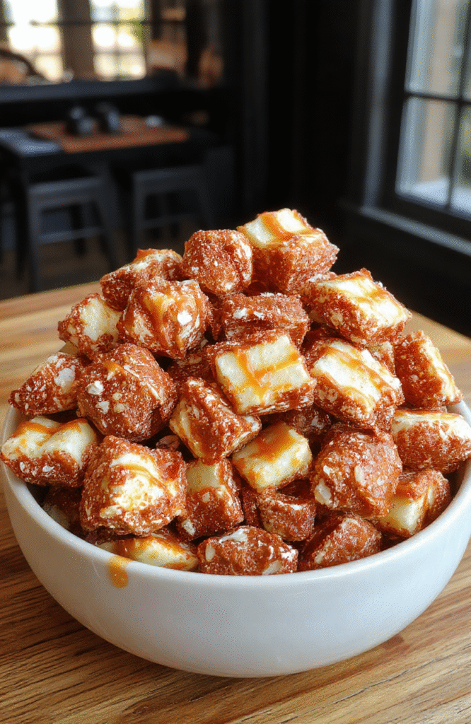 A vibrant bowl of caramel apple puppy chow sitting on a rustic wooden table, colorful mini candy eyes, chopped green apples, and caramel drizzle visible, with a cozy fall background and soft natural lighting highlighting the crunchy snack's textures and glossy caramel coating.