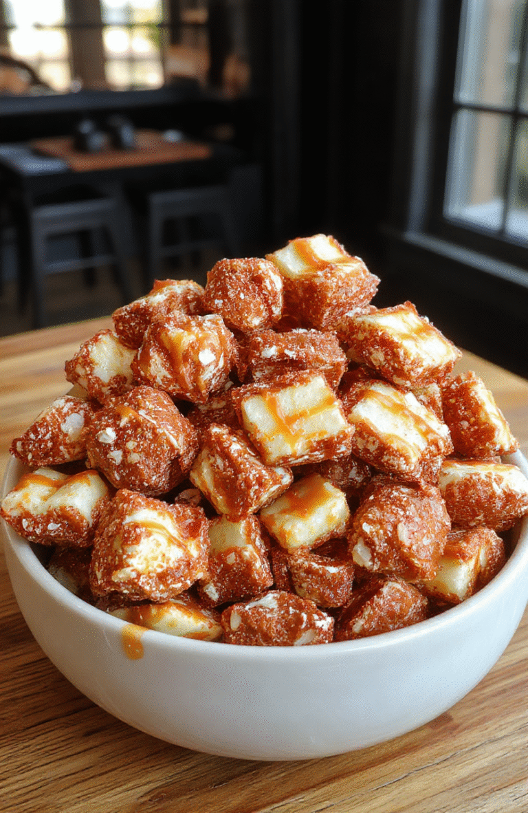 A vibrant bowl of caramel apple puppy chow sitting on a rustic wooden table, colorful mini candy eyes, chopped green apples, and caramel drizzle visible, with a cozy fall background and soft natural lighting highlighting the crunchy snack's textures and glossy caramel coating.