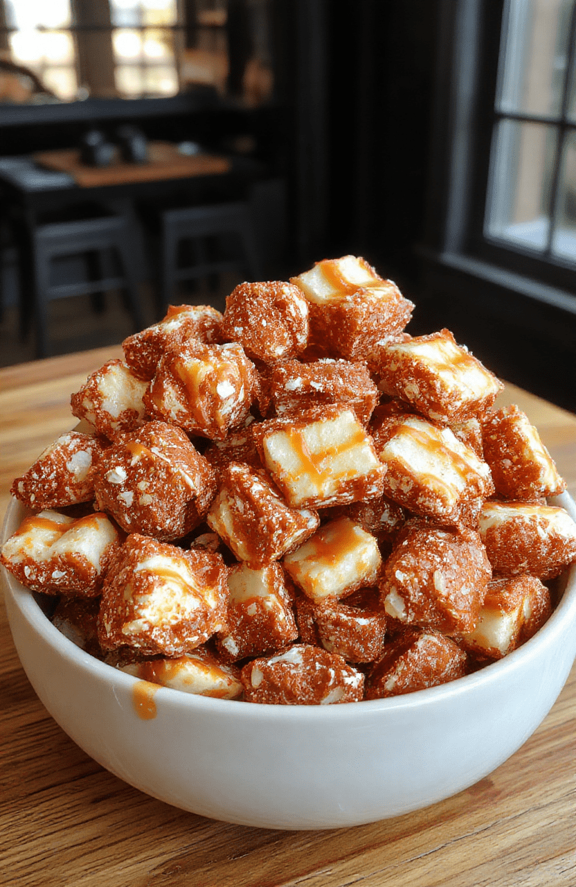 A vibrant bowl of caramel apple puppy chow sitting on a rustic wooden table, colorful mini candy eyes, chopped green apples, and caramel drizzle visible, with a cozy fall background and soft natural lighting highlighting the crunchy snack's textures and glossy caramel coating.