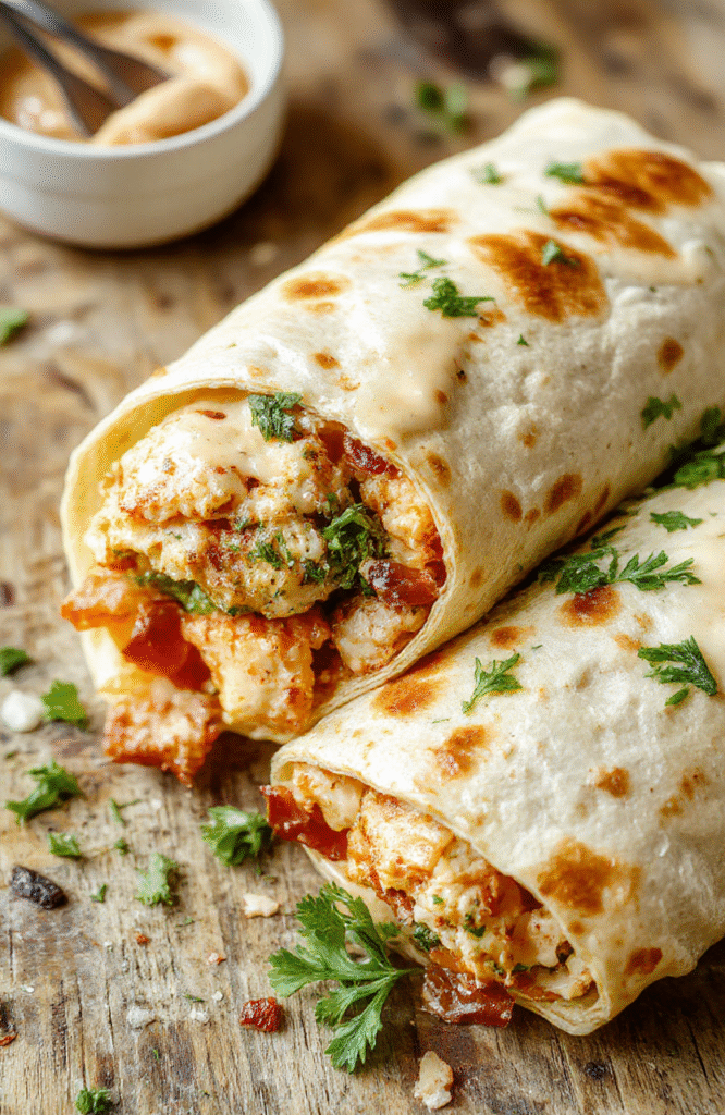 A vibrant plate featuring a savory chicken bacon ranch wrap sliced in half, revealing juicy chicken pieces, crispy bacon, fresh greens, and creamy ranch sauce. The wrap is juicy, crispy textures, and garnished with chopped herbs, presented on a rustic wooden board with a neutral background and soft natural lighting highlighting the dish's golden-brown exterior.