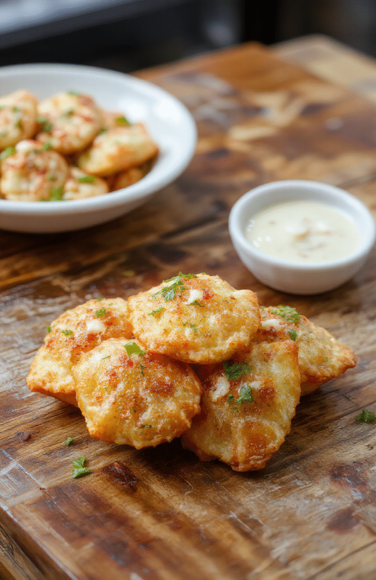 Golden-brown crab rangoon filled with creamy crab mixture, crispy exterior, served on a white plate with a dipping sauce, vibrant colors, appealing texture, beautifully styled with a clean background