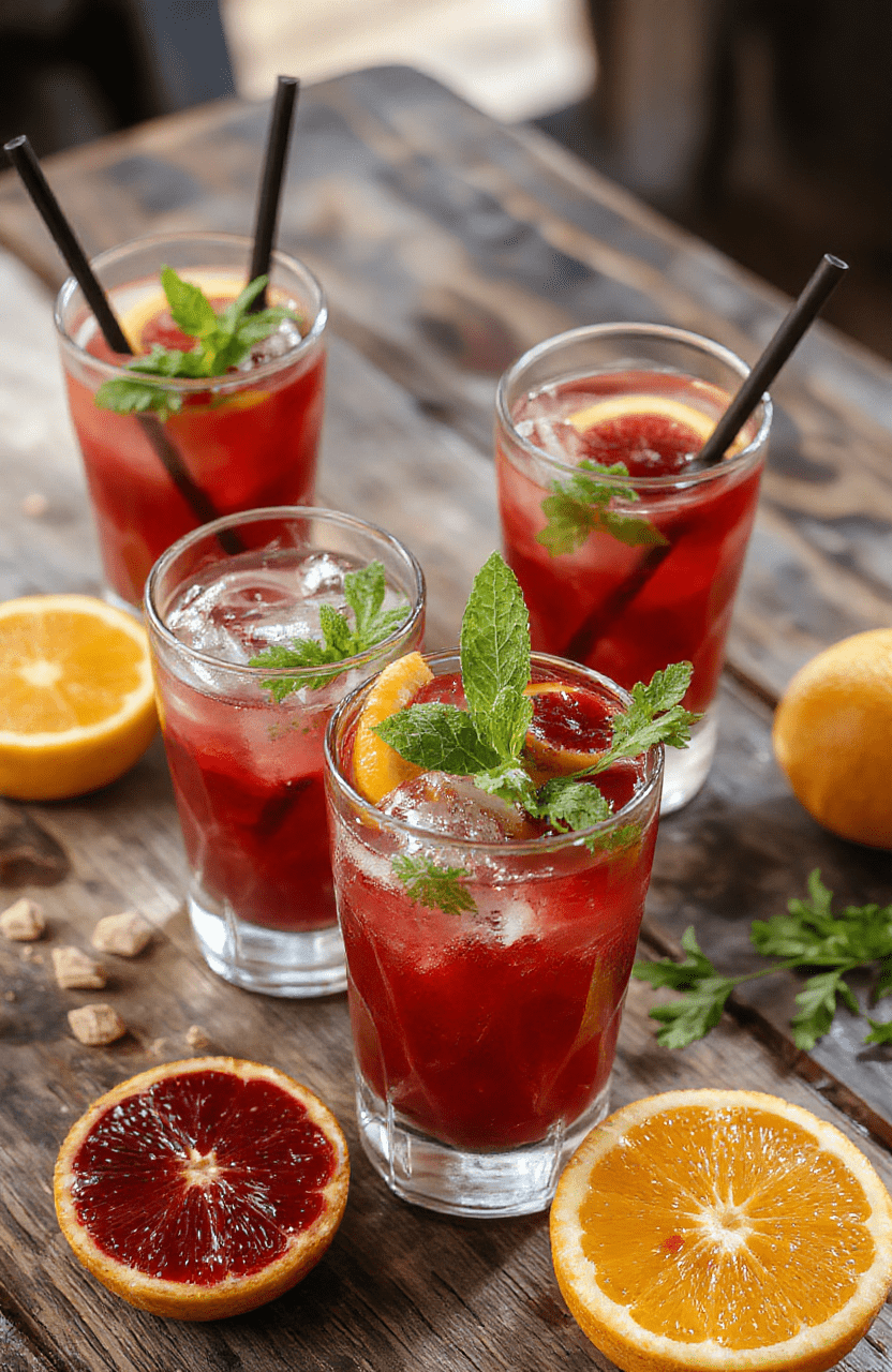 A vibrant glass of blood orange mojito garnished with fresh mint sprigs and slices of blood orange, surrounded by ice cubes and a colorful striped straw on a rustic wooden table, with condensation droplets emphasizing its chilled freshness.