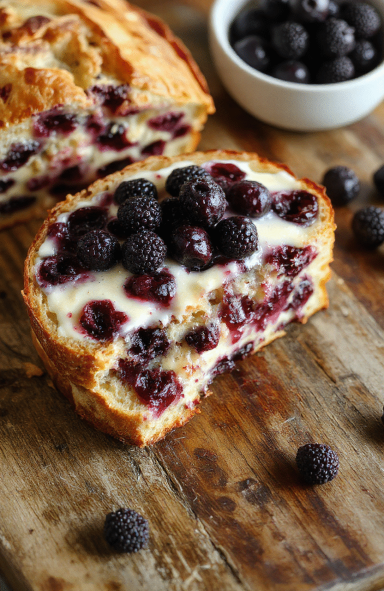 A rectangular loaf of blueberry cream cheese bread sliced to reveal a swirled interior of blueberries and creamy cheese, topped with a dusting of powdered sugar, served on a rustic wooden platter with fresh blueberries on the side. The bread's golden crust contrasts with the vibrant blue and white swirls inside, styled casually to evoke a cozy brunch setting.