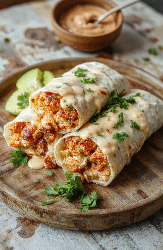 A close-up of crispy cheesy chicken wraps sliced open to reveal melted cheese, tender chicken, fresh greens, and vibrant sauces on a rustic wooden plate, styled with a sprinkle of herbs, with a blurred neutral background highlighting the textures and colors.
