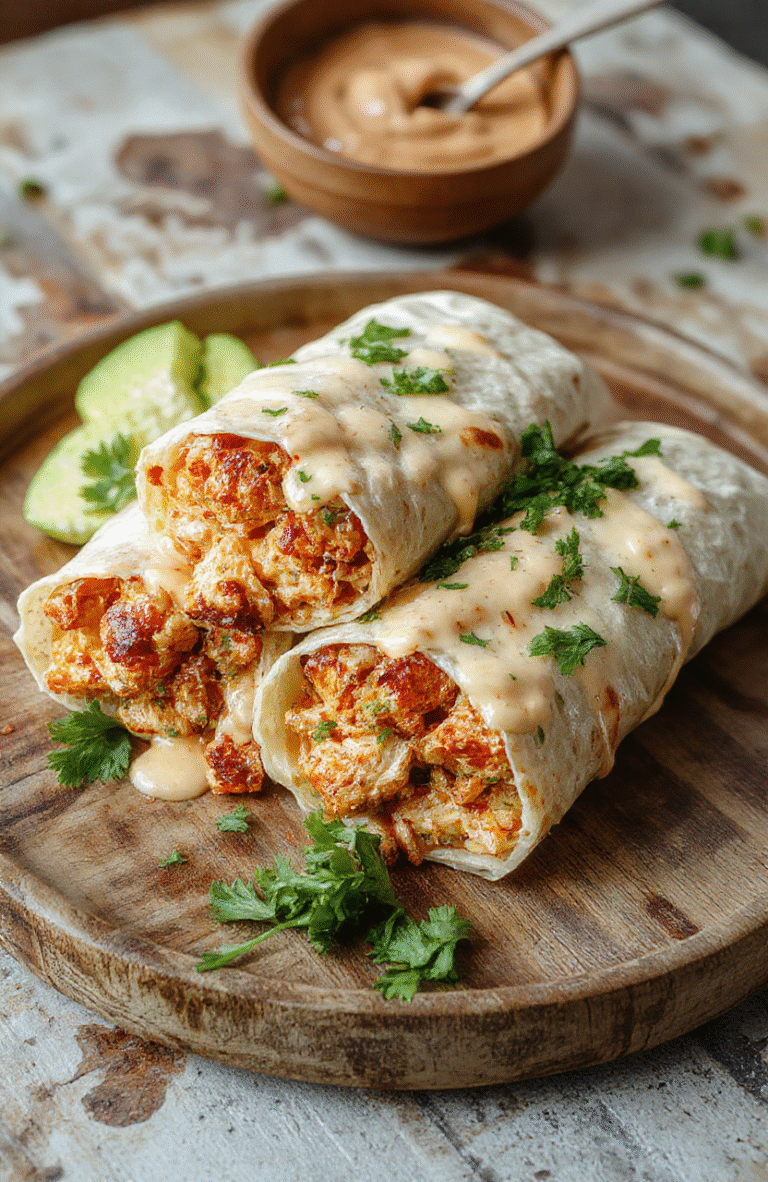 A close-up of crispy cheesy chicken wraps sliced open to reveal melted cheese, tender chicken, fresh greens, and vibrant sauces on a rustic wooden plate, styled with a sprinkle of herbs, with a blurred neutral background highlighting the textures and colors.