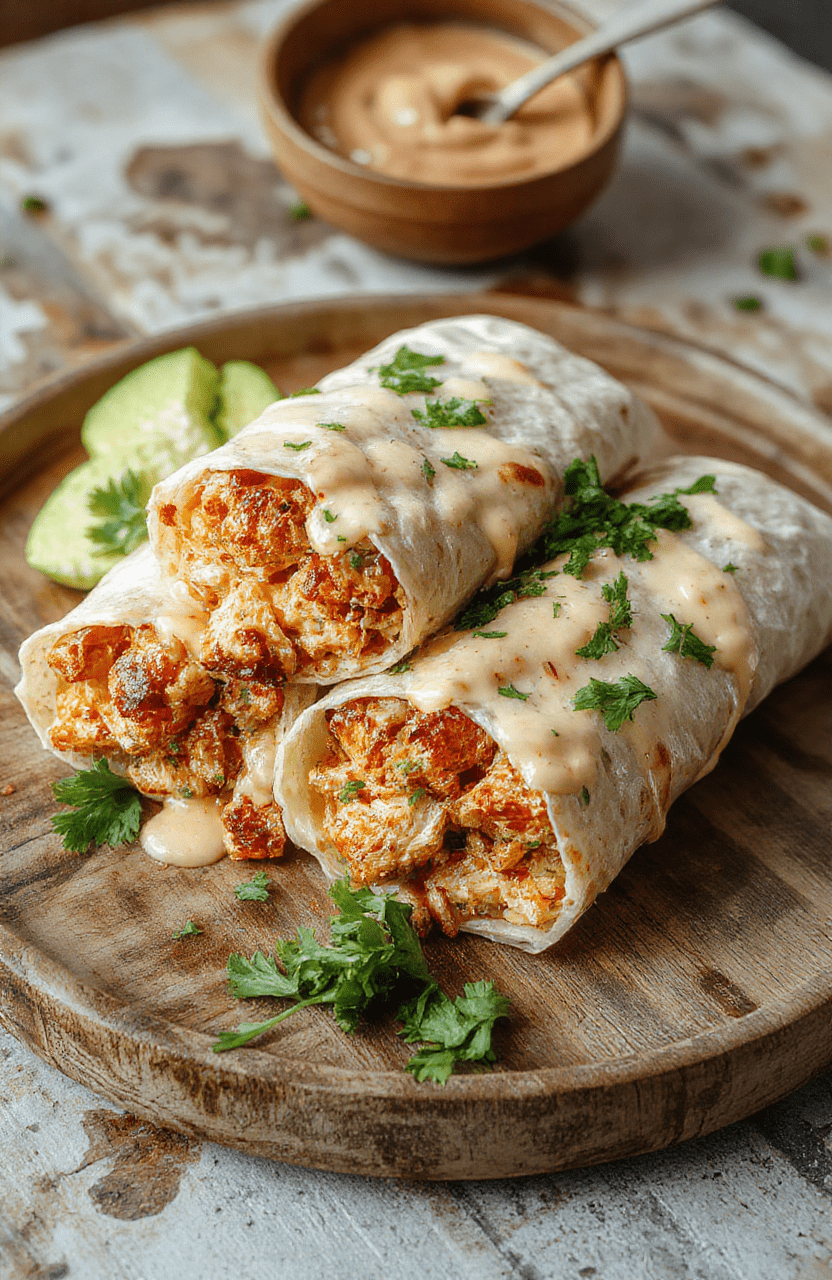 A close-up of crispy cheesy chicken wraps sliced open to reveal melted cheese, tender chicken, fresh greens, and vibrant sauces on a rustic wooden plate, styled with a sprinkle of herbs, with a blurred neutral background highlighting the textures and colors.