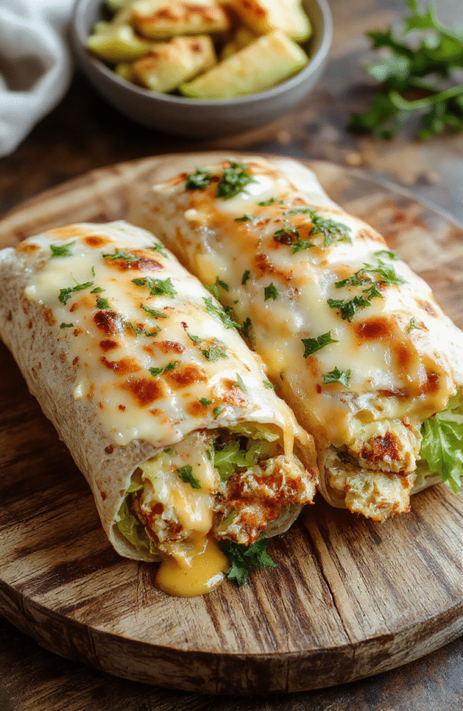 Colorful cheesy chicken wraps arranged on a rustic wooden plate, filled with melted cheese, crispy lettuce, and grilled chicken slices. The wraps are sliced to reveal gooey cheese and juicy chicken inside, garnished with fresh herbs and placed next to a small bowl of dipping sauce. Natural lighting highlights the textures and vibrant colors, styled casually for an inviting, homemade look.