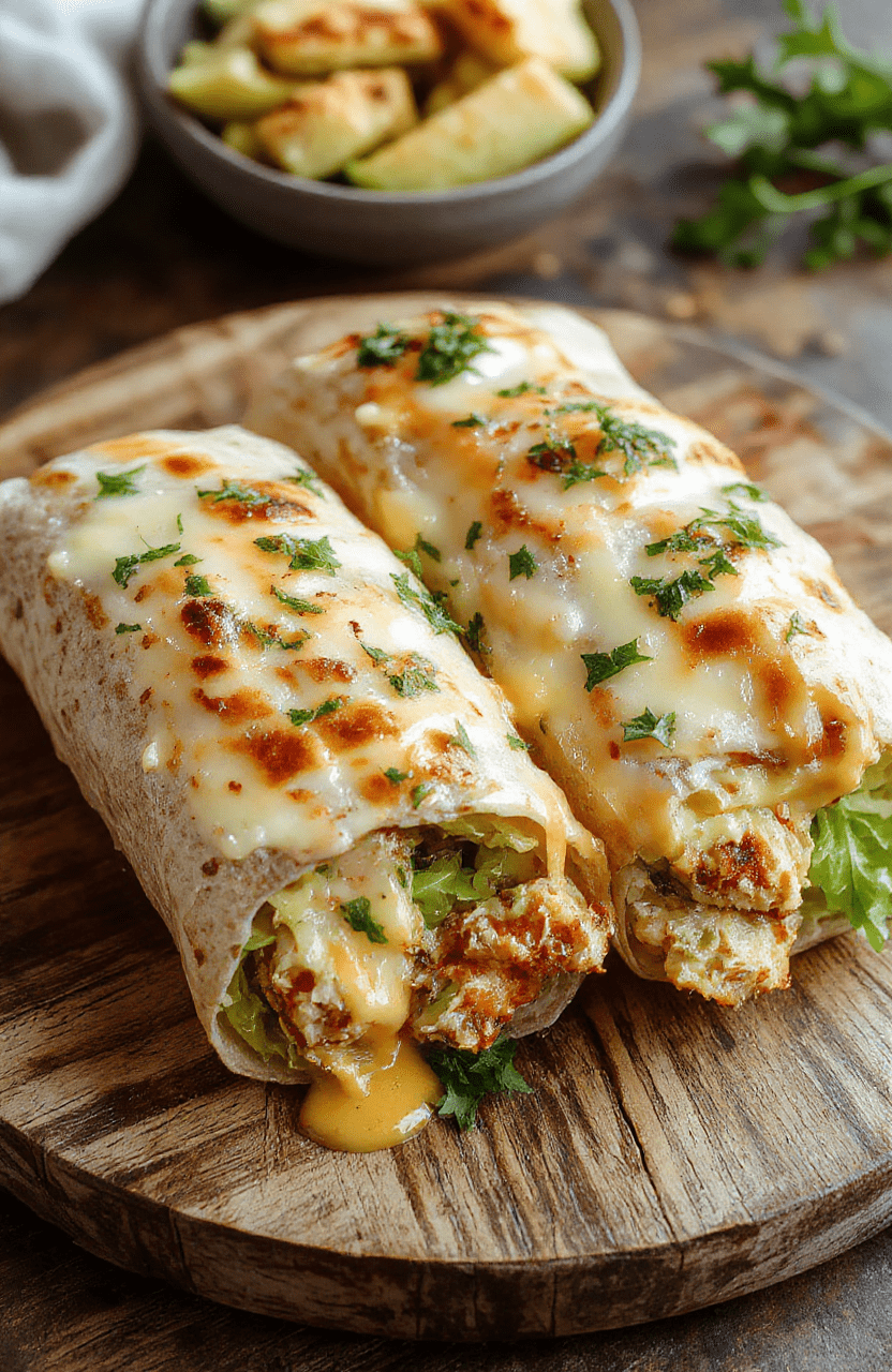 Colorful cheesy chicken wraps arranged on a rustic wooden plate, filled with melted cheese, crispy lettuce, and grilled chicken slices. The wraps are sliced to reveal gooey cheese and juicy chicken inside, garnished with fresh herbs and placed next to a small bowl of dipping sauce. Natural lighting highlights the textures and vibrant colors, styled casually for an inviting, homemade look.