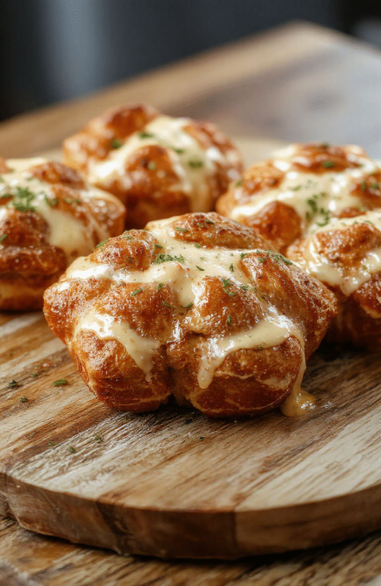 A beautifully baked cheesy Christmas bread shaped into a festive star, golden brown crust with melted cheese oozing between flaky layers, decorated with red and green herbs, displayed on a rustic wooden board with holiday accents, vibrant colors, inviting texture.