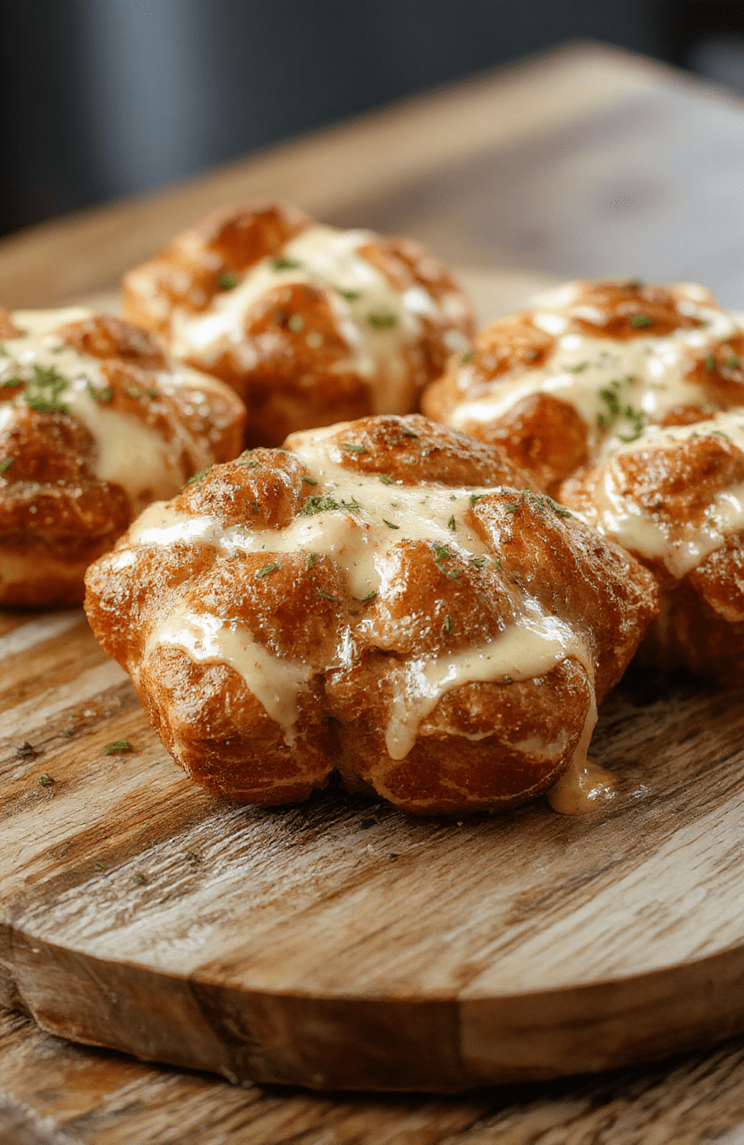 A beautifully baked cheesy Christmas bread shaped into a festive star, golden brown crust with melted cheese oozing between flaky layers, decorated with red and green herbs, displayed on a rustic wooden board with holiday accents, vibrant colors, inviting texture.