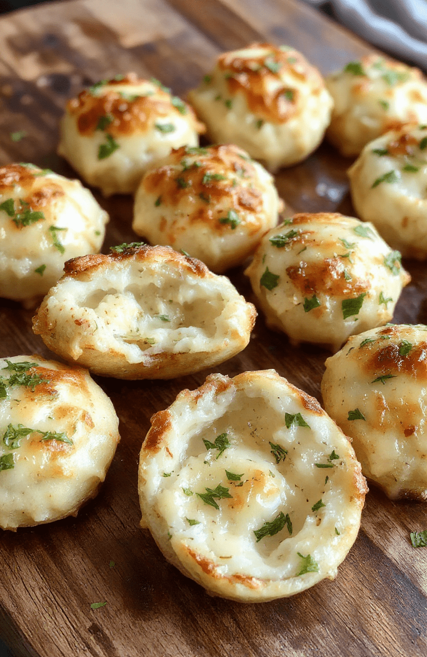 A close-up of golden-brown cheesy garlic parmesan bombs arranged on a rustic wooden board, with melted cheese oozing from the soft centers, garnished with chopped parsley and a sprinkle of parmesan, styled casually with a natural, appetizing appearance.