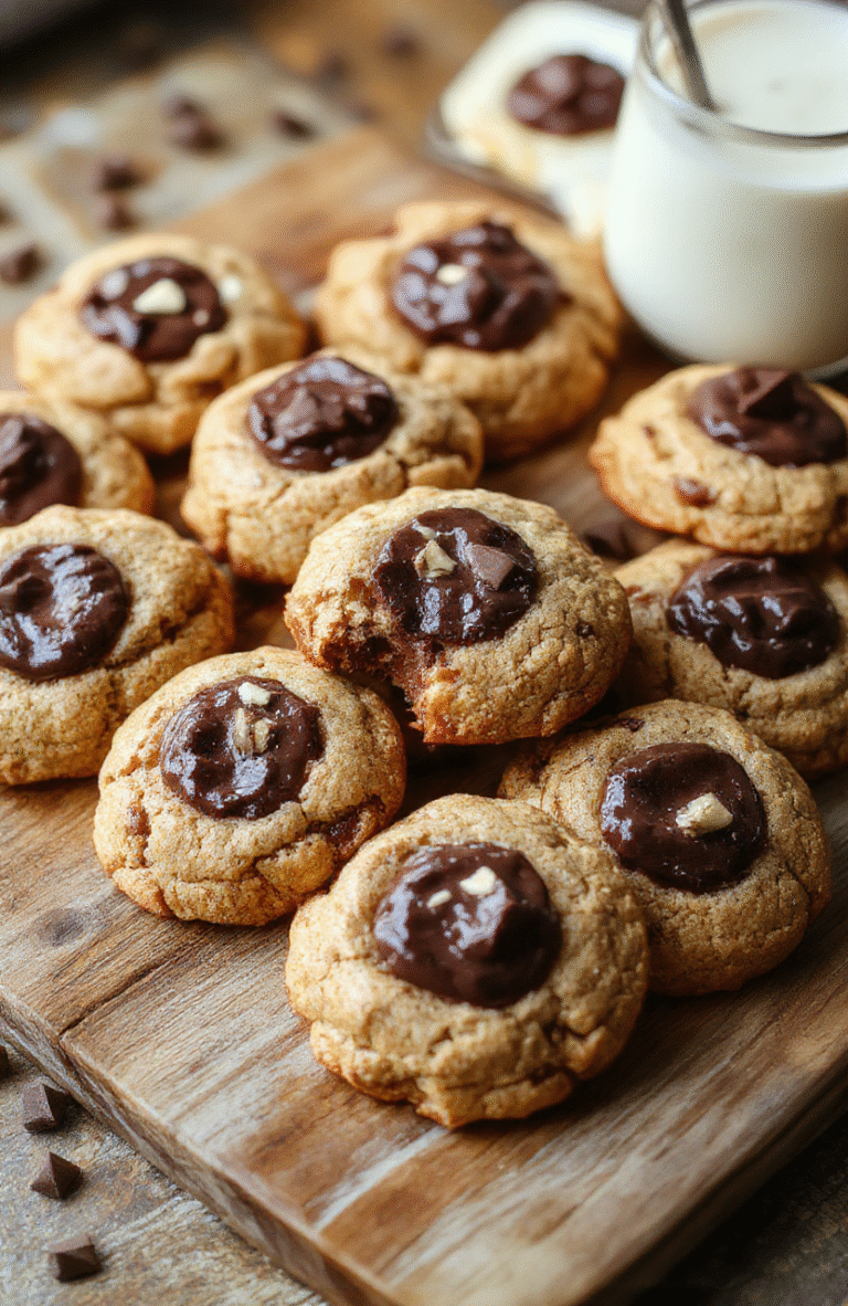 A close-up of chewy chocolate thumbprint cookies arranged on a rustic wooden platter. The cookies are glossy and fudgy with a neat thumbprint filled with shiny, rich chocolate ganache. The background features a neutral-colored cloth and scattered cocoa powder, highlighting the indulgent texture and deep chocolate color of the cookies. Natural daylight emphasizes the moist, dense interior and buttery exterior of the treats.
