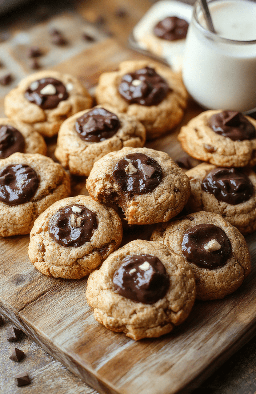A close-up of chewy chocolate thumbprint cookies arranged on a rustic wooden platter. The cookies are glossy and fudgy with a neat thumbprint filled with shiny, rich chocolate ganache. The background features a neutral-colored cloth and scattered cocoa powder, highlighting the indulgent texture and deep chocolate color of the cookies. Natural daylight emphasizes the moist, dense interior and buttery exterior of the treats.