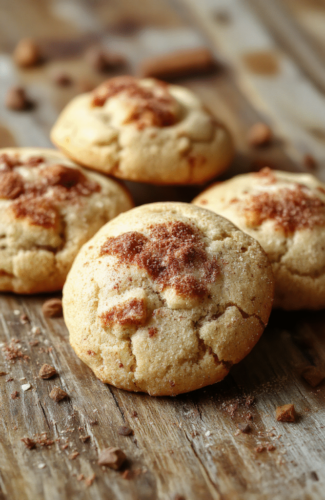 A close-up of chewy snickerdoodle cookies with cinnamon sugar coating, golden-brown edges, placed on a rustic wooden table with soft natural light highlighting the textured surface of the cookies.
