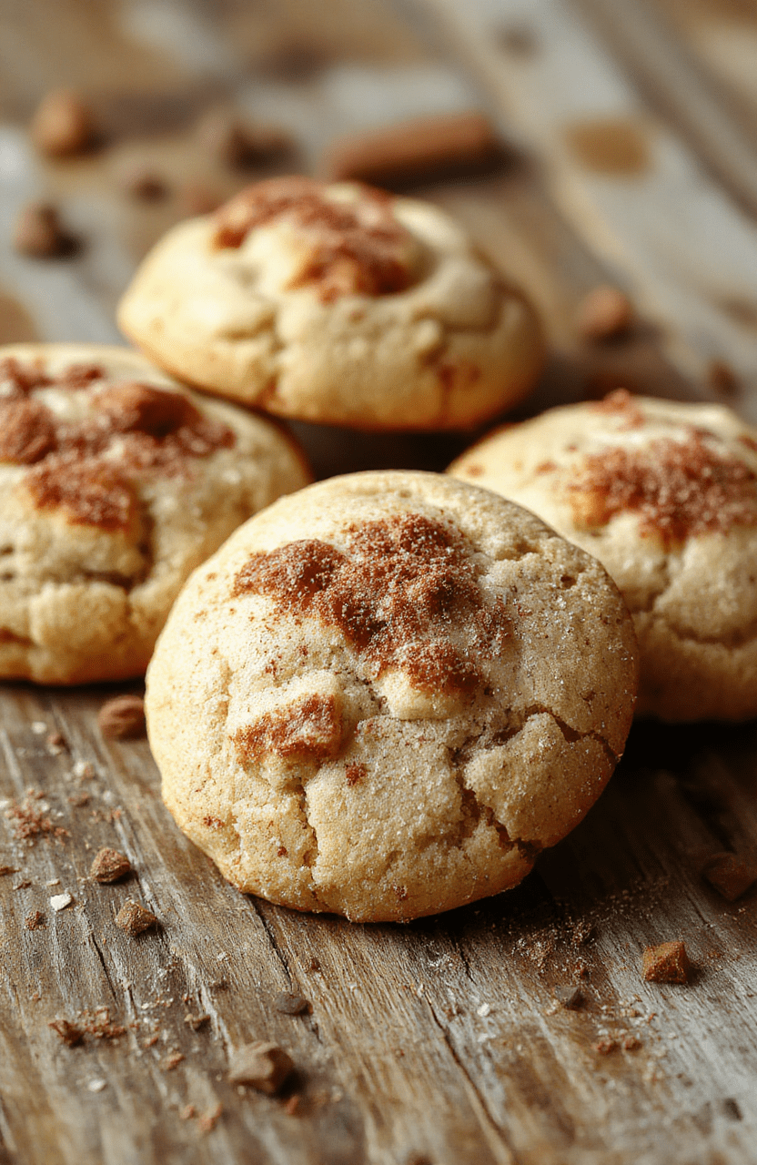 A close-up of chewy snickerdoodle cookies with cinnamon sugar coating, golden-brown edges, placed on a rustic wooden table with soft natural light highlighting the textured surface of the cookies.