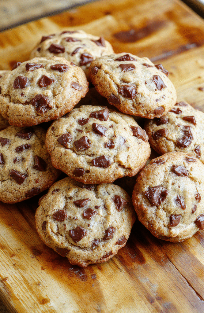 A rustic white plate holding a stack of golden-brown chewy cowboy cookies, dotted with chocolate chips and nuts, with a few cookies broken to showcase their chewy texture, set on a wooden table with a warm, cozy background.