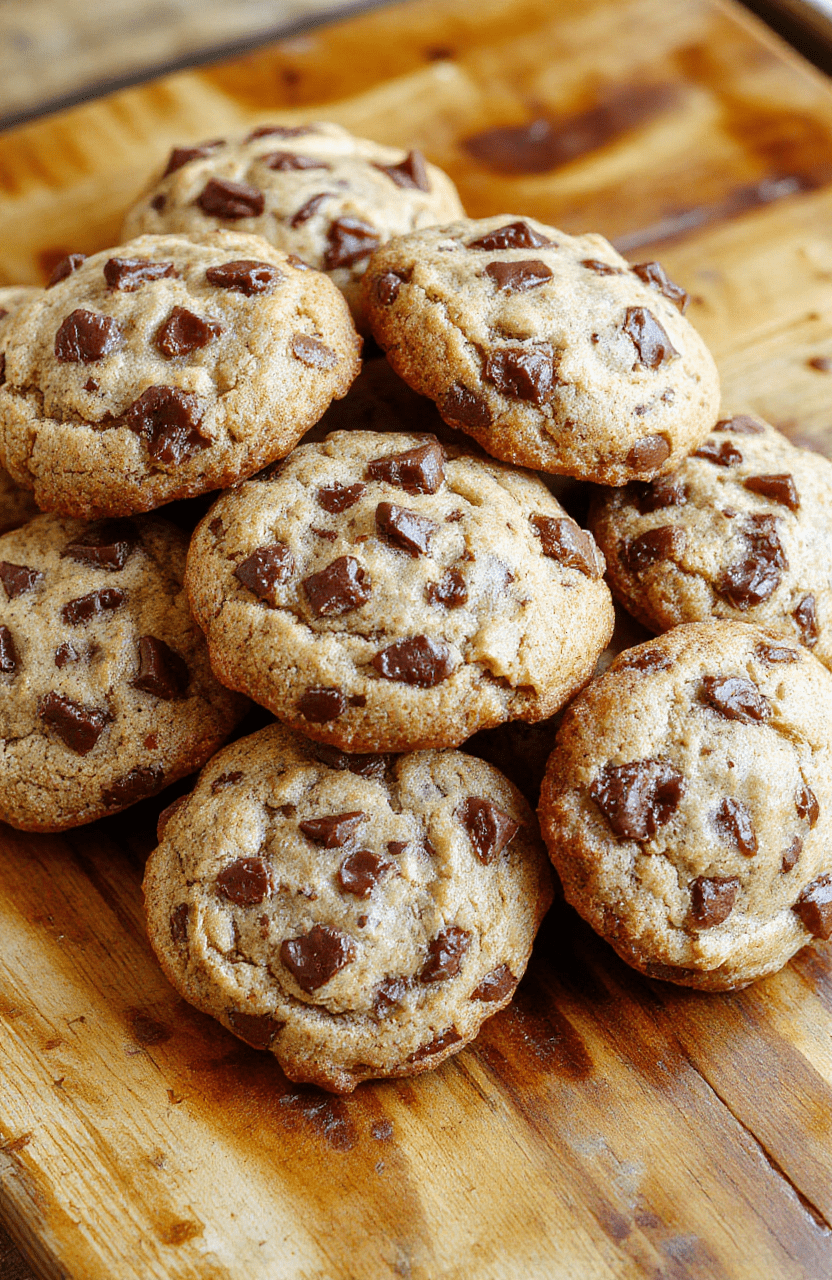 A rustic white plate holding a stack of golden-brown chewy cowboy cookies, dotted with chocolate chips and nuts, with a few cookies broken to showcase their chewy texture, set on a wooden table with a warm, cozy background.