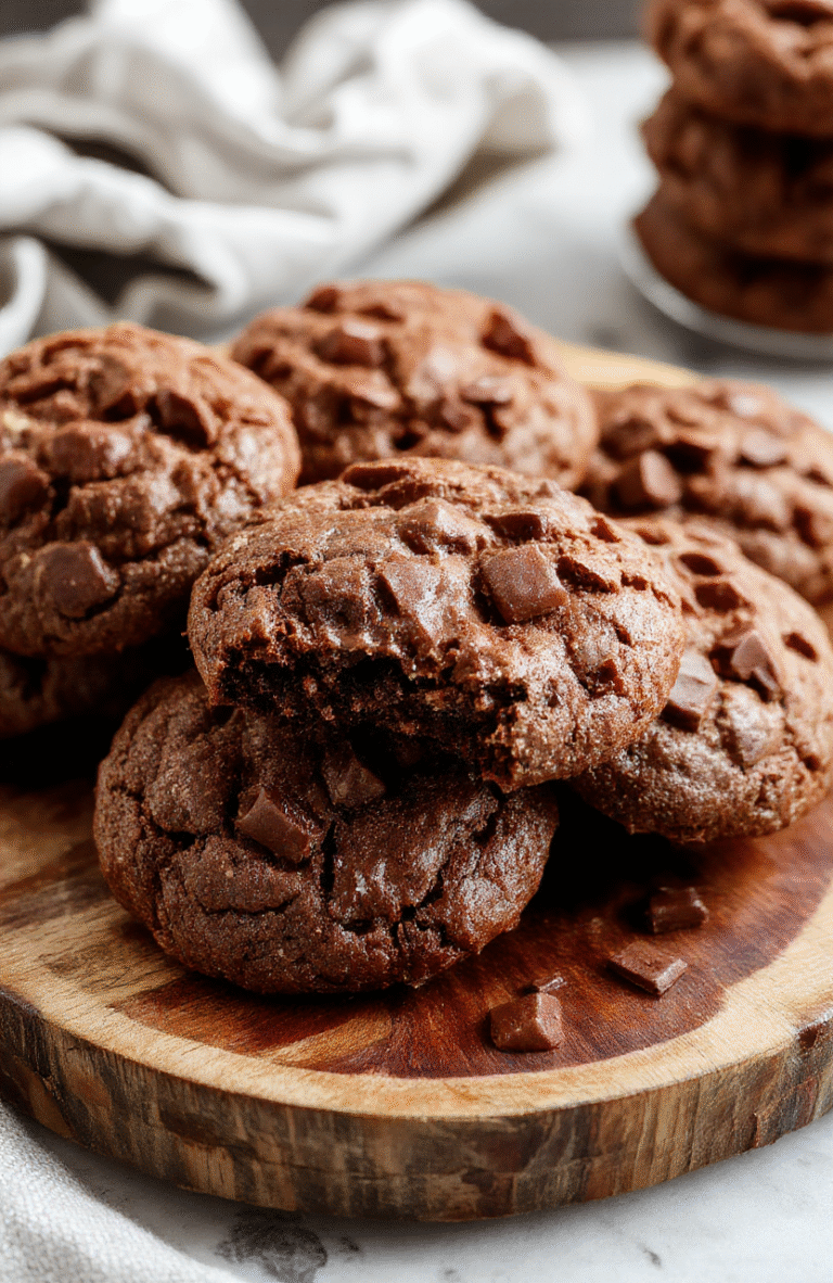 A close-up of chewy hot chocolate cookies arranged on a rustic wooden plate, dusted with cocoa powder, with melted chocolate chips visible. The cookies are golden brown, soft, and slightly cracked on top, with a cozy winter background featuring a warm beverage and winter-themed accessories. Natural lighting highlights their glossy surface and rich texture.