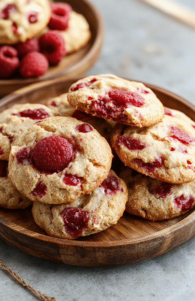 A close-up shot of a stack of vibrant red raspberry cookies with a glossy, slightly cracked surface, placed on a rustic wooden plate. The cookies are garnished with fresh raspberries and mint leaves, with a soft focus on a light pastel background highlighting their chewy and crumbly texture.