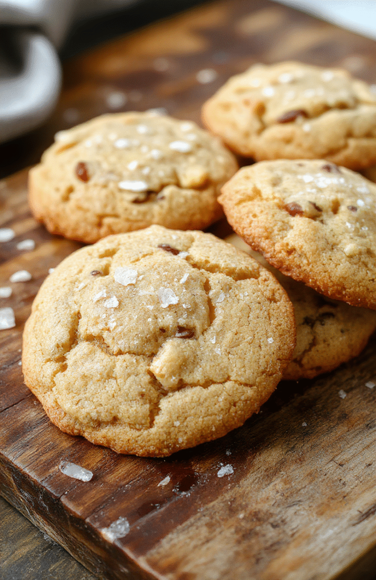 A close-up shot of golden-brown chewy butterscotch cookies topped with a sprinkle of flaky sea salt, arranged on a rustic wooden platter. The cookies have a glossy, caramelized surface with visible bits of butterscotch chunks and a slightly cracked texture, styled with a few scattered sea salt flakes for an enticing, artisanal look.