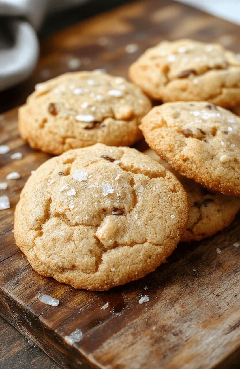 A close-up shot of golden-brown chewy butterscotch cookies topped with a sprinkle of flaky sea salt, arranged on a rustic wooden platter. The cookies have a glossy, caramelized surface with visible bits of butterscotch chunks and a slightly cracked texture, styled with a few scattered sea salt flakes for an enticing, artisanal look.