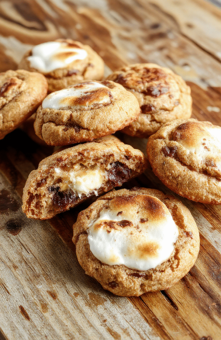 A close-up of golden-brown chewy s'mores cookies topped with toasted marshmallows and melting chocolate chips, arranged on a rustic wooden platter with a few scattered graham crackers and chocolate pieces, styled with a cozy background and soft natural lighting.