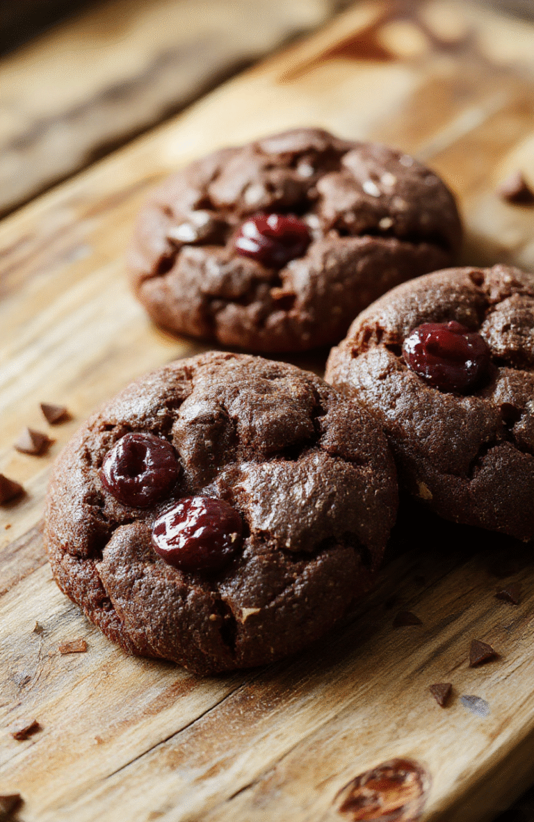 A plate of rich, glossy chocolate cherry cookies on a rustic wooden table, garnished with fresh cherries and drizzled with chocolate. The cookies are round, slightly cracked on top, showcasing a gooey cherry center and moist texture, styled with holiday-themed accents like sprigs of holly and festive cloth.